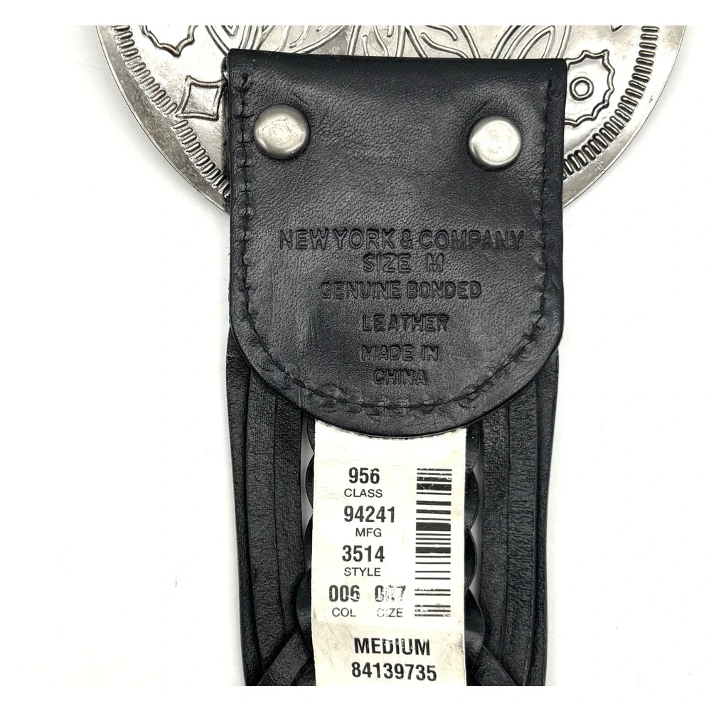 Vintage Y2K New York & Co Black Braided Leather Medallion Buckle Wide Belt M 34